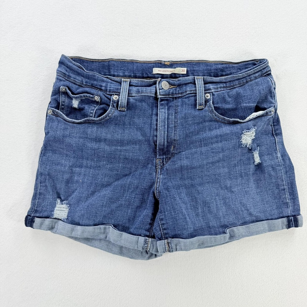 Levi's Mid Length Shorts Womens 30 Blue Denim Distressed Rolled Cuff 5 Pocket